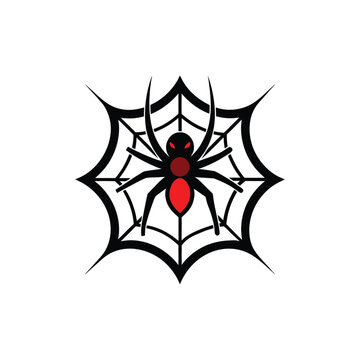 Arachnid logo concept featuring a dangerous red and black spider on a web, a vector graphic design isolated on a white background