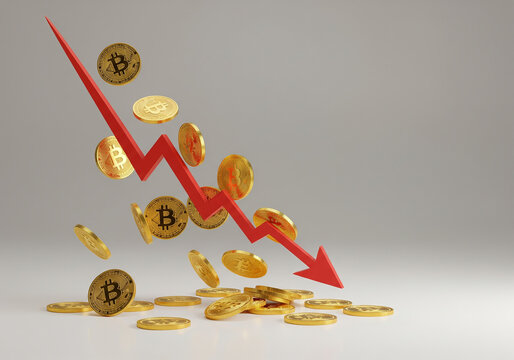 Falling cryptocurrency coins and red market downturn arrow