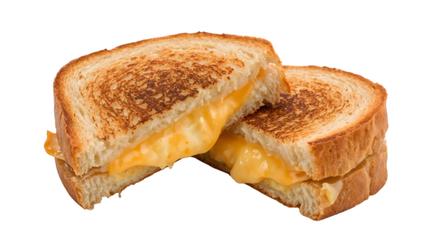 Classic grilled cheese sandwich with melted cheddar on white bread isolated on the transparent background, comfort food lunch concept