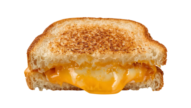 Closeup of grilled cheese sandwich with melted cheddar on the transparent background, classic comfort food, toasted lunch snack