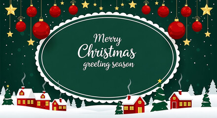 Vertical green Merry Christmas and Happy New Year greeting card banner in paper art style with snowy winter landscape, red village, forest scene, and copy space, Christmas / Winter Holiday
