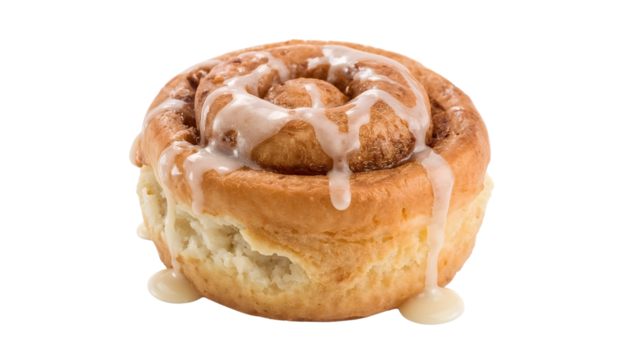 Fresh cinnamon roll with white icing drizzle isolated on the transparent background for bakery and breakfast food concepts