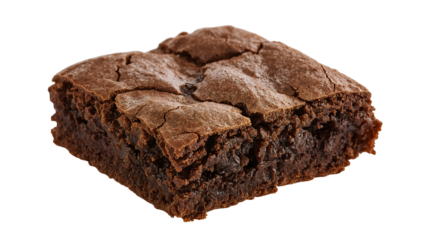 Fudgy chocolate brownie slice with crackly top isolated on the transparent background, dessert closeup, fresh baked homemade treat