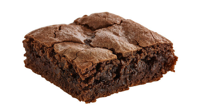 Fudgy chocolate brownie slice with crackly top isolated on the transparent background, dessert closeup, fresh baked homemade treat