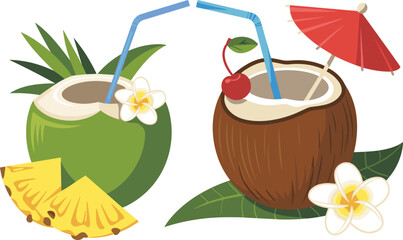 Tropical coconut drinks, summer refreshment, beach cocktail, green and brown coconuts, fruit garnish, umbrella, vacation vibe, exotic beverage vector illustration