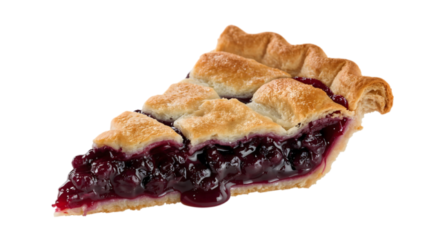 Homemade blueberry pie slice with golden flaky crust and juicy filling isolated on the transparent background