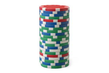 Stack of vibrant poker chips for casino gaming and successful betting on transparent background