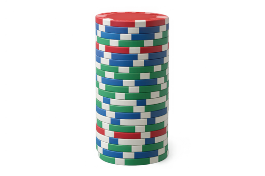 Stack of vibrant poker chips for casino gaming and successful betting on transparent background