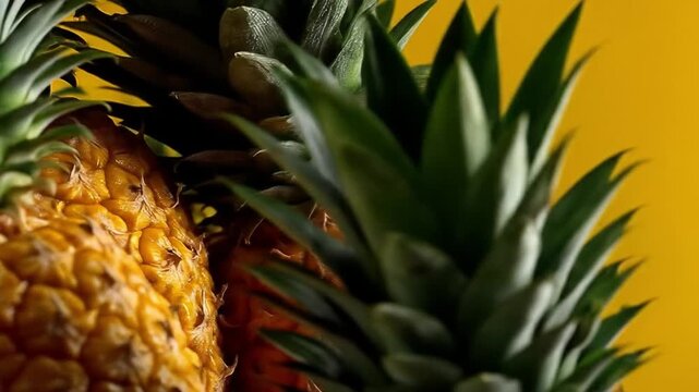 Close up of ripe pineapple with spiky leaves against yellow backdrop
