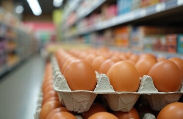 Rows of fresh brown eggs in cardboard containers on display at supermarket. Food concept for nutrition healthy eating. Easter holiday celebration in store.