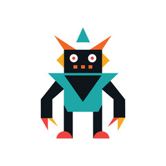 Colorful abstract geometric character design featuring a minimal robot monster. A flat vector graphic illustration with sharp claws and a quirky expression, isolated for creative projects