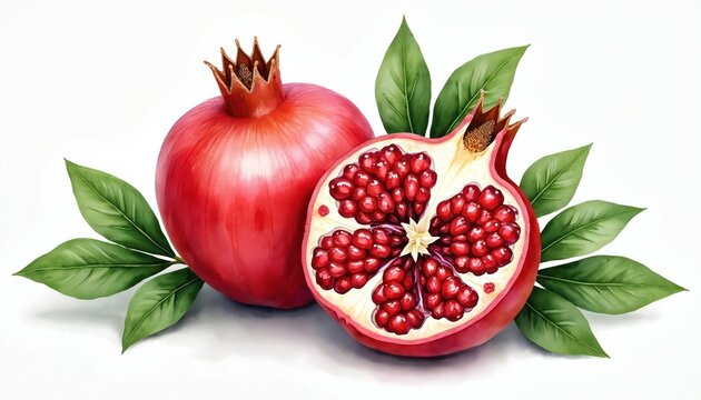 Red pomegranate whole and cut open revealing seeds surrounded by green leaves. Watercolor style illustration depicts vibrant fresh fruit art. Food graphic for health recipes or decor.