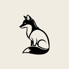 Elegant black and white fox illustration sitting attentively, minimalist design.