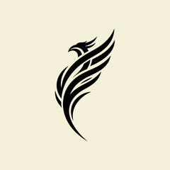 Elegant black phoenix bird logo design on a cream background.