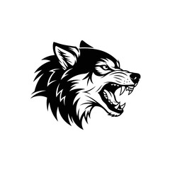 Ferocious wolf head illustration in black and white with sharp teeth.