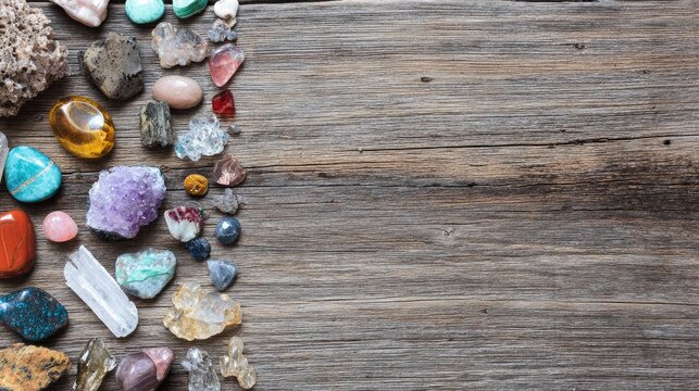 Collection of colorful polished gemstones and crystals arranged on rustic wooden surface - Powered by Adobe