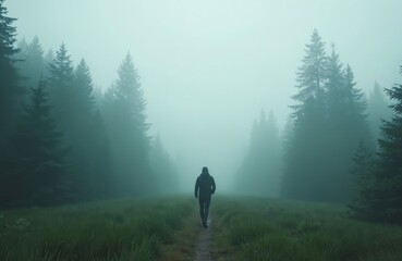 Lone person walks on path through misty evergreen forest. Tall trees shrouded in fog create mysterious atmosphere. Person moves away into deep woods wilderness.