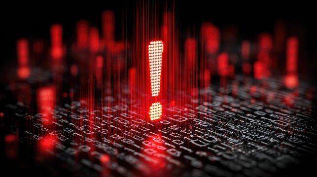 Red glowing exclamation mark emerging from digital binary code symbolizing cyber threat alert