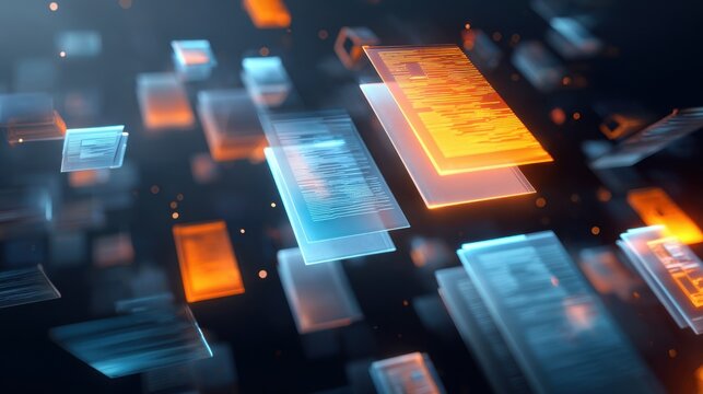 Floating digital documents represent modern data management and information processing in a vibrant virtual environment