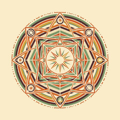 Intricate Geometric Mandala with Starburst Center and Celestial Motifs.