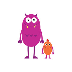 Adorable vector illustration of two friendly monster characters, a large purple one and a small orange companion, smiling happily. Simple flat design for mascots or children's themes