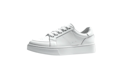 All-white low-profile athletic shoe on a black background