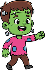 Cartoon Frankenstein boy – cute Halloween monster in pink shirt and bolts, walking green zombie character clipart for kids and decorations