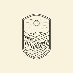 Minimalist line art landscape badge with mountains and forest.