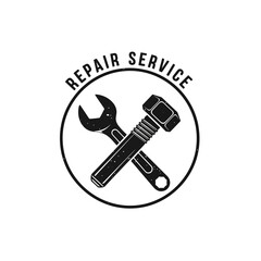 Repair service logo featuring wrench and bolt, representing maintenance and fixing.