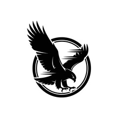 Powerful flying eagle silhouette inside a circular frame logo.