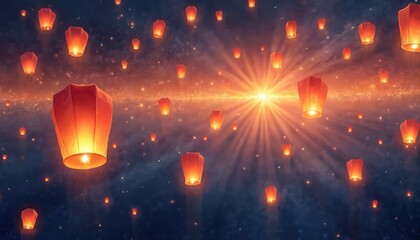 Red paper lanterns float in dark night sky with glowing stars and bright light beams. Peaceful scene of light ceremony and celebration with many illuminated objects in air.