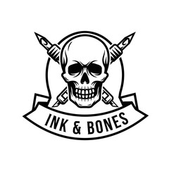 Skull with crossed tattoo machines and banner text Ink and Bones.