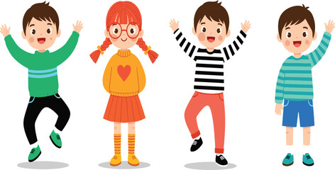 Cartoon children standing together in colorful outfits with joyful and neutral expressions, diverse fashion styles, kids character design vector illustration