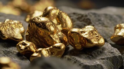 Detailed macro shot showcases shiny gold nuggets on a rough gray stone. It represents wealth, natural resources, geological findings, and the allure of precious minerals. - Powered by Adobe