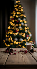 Bleached wood table top for your product presentation on deeply blurred Christmas fir tree lights interior background, Winter Holiday. Christmas & New Year Decor