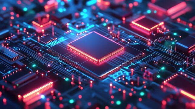 Cpu processing data on glowing circuit board - Powered by Adobe