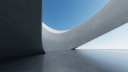 Abstract curved architecture background, Empty space with concrete floor, Futuristic modern building backdrop, 3d rendering
