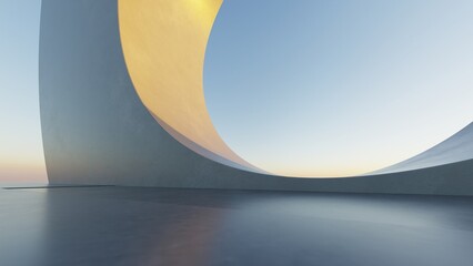 Abstract curved architecture background, Empty space with concrete floor, Futuristic modern building backdrop, 3d rendering