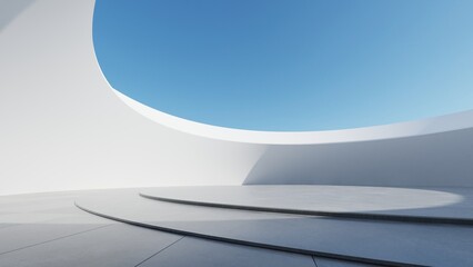Abstract curved architecture background, Empty space with concrete floor, Futuristic modern building backdrop, 3d rendering
