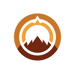 Abstract circular badge with a mountain landscape and a guiding arrow, representing exploration, nature, and adventure in a minimalist vector design