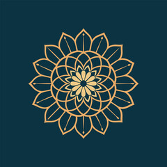 Elegant gold line art of a sacred lotus flower mandala, a highly detailed spiritual symbol vector on a deep blue background