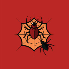 Minimalist flat design icon of a brown beetle and a black spider on an intricate orange spiderweb over a bold red background
