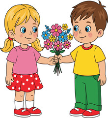 Cartoon children, flower gift, friendship moment, bouquet exchange, smiling kids, colorful illustration, kind gesture, happy characters, spring vibe, cheerful drawing