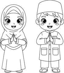 Cartoon children, traditional clothing, black and white, hijab girl, prayer pose, cultural illustration, greeting gesture, cute style, ethnic diversity, smiling faces