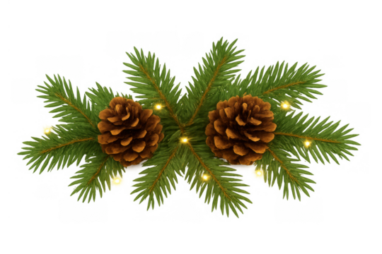 Christmas garland decoration with pine branches, pinecones, and glowing fairy lights, creating a festive holiday border element