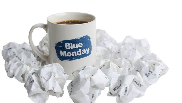 Blue monday coffee mug surrounded by crumpled papers symbolizing stress, work pressure, and mental health awareness during the depressing january day