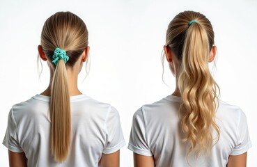 Fototapeta premium Split image shows two blonde women from behind. One has straight hair in a high ponytail, the other has wavy hair in a high ponytail. Both wear white t-shirts.