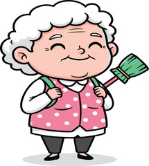 Cartoon elderly character, cheerful senior, backpack and broom, active old person, cute illustration, positive aging, hygiene theme, happy lifestyle, vector art
