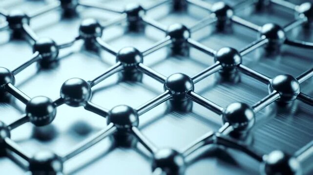 An abstract molecular structure visualization with metallic spheres and connecting rods on a blueish silver background represents a futuristic network concept.