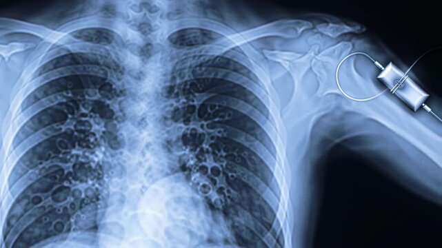 Blue tinted chest X-Ray showing ribs, lungs, collarbone, and pacemaker implant device medical scan image for health and diagnostic purposes in a dark background.